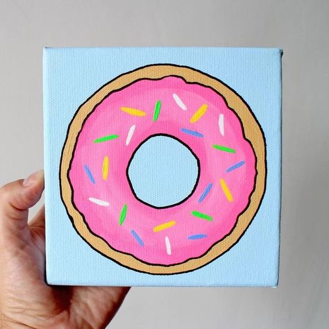 Donut Painting Easy, Posca Art On Canvas, Donut Painting Acrylic, Pop Art Ideas Easy, Kids Paintings On Canvas, Easy Food Paintings, Cute Food Paintings, Painting Ideas On Canvas For Kids, Cool Painting Ideas On Canvas Easy