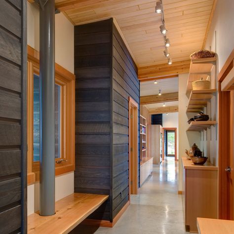 Shou Sugi Ban Kitchen, Log Cabin Kitchens Cabinets, Cabin Kitchen Cabinets, Log Cabin Kitchens, Bedroom Wood Floor, Eclectic Bathroom Design, Knotty Pine Walls, Contemporary Kitchen Remodel, Light Wood Cabinets