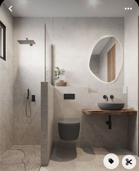 Minimalist Wc Design, Tiny Japandi Bathroom, Minimalist Bathroom Small Simple, Small Nordic Bathroom, Minimal Wc Design, Minimal Washroom Design, Small Bathroom Ideas 2024, Shower Half Wall Ideas, Enclosed Showers Walk In