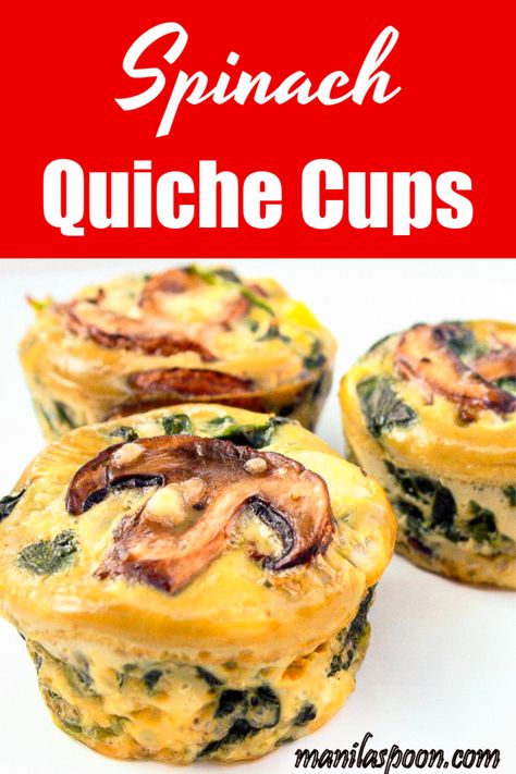 Completely gluten-free and low-carb is this healthy and delicious SPINACH QUICHE CUPS that everyone raves about. You can tweak the recipe to add your favorite vegetables! #spinachquichecups #spinachquiche #lowcarbquiche #spinachmushroomsquiche #lowcarbbreakfast #lowcarbbrunch #ketofriendlybreakfast Low Calorie Quiche, Appetizer Tarts, Fancy Mushrooms, Hypoglycemic Diet, Vegetable Quiche Recipes, Quiche Cups, Low Carb Quiche, Quiche Recipes Easy, Spinach Quiche