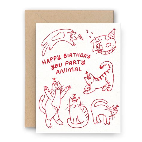 "We're so excited to introduce letterpress cards to our collection! These party cats are printed by hand on our antique press. Size | A2, 4.25 x 5.5\"  Interior | Blank Paper | 118 Lb Cotton Cover Envelope | Recycled Kraft Message | Happy Birthday You Party Animal All cards are wrapped in a certified compostable sleeve. Designed + Printed with love in our Los Angeles studio Follow us on Instagram and Facebook! @finchandflourish Wholesale pricing is available! Please reach out for more informatio Party Animal Birthday, Animal Birthday Card, Creative Birthday Cards, Watercolor Birthday Cards, Birthday Card Drawing, Homemade Birthday Cards, Birthday Cards For Boyfriend, Karten Design, Bday Cards