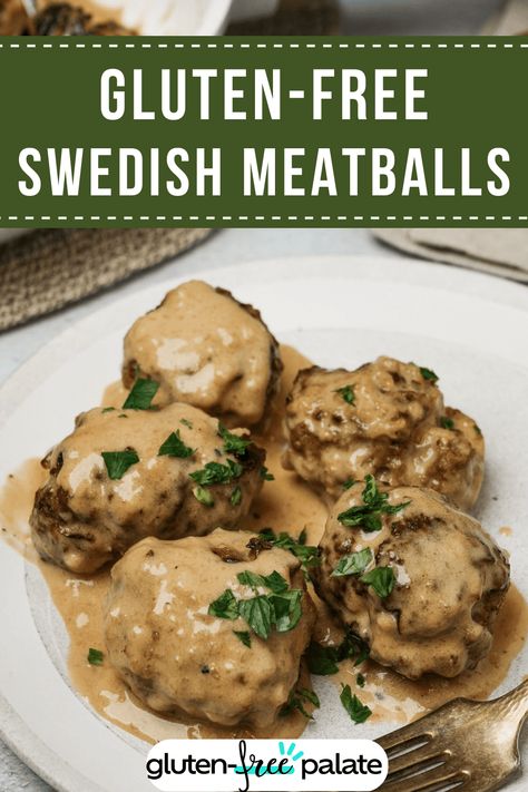 These gluten-free Swedish meatballs are the perfect weeknight recipe! They are juicy, flavorful, and sure to be everyone’s favorite, even the picky eaters. Swedish Meatball Recipe Gluten Free, Gluten Free Sauce For Meatballs, Gf Meatball Recipes, Swedish Meatballs Dairy Free, Recipes With Ground Beef Gluten Free, Gluten Free Meatballs And Gravy, Gluten Free Fall Recipes Dinner, Dairy Free Swedish Meatballs, Ground Beef Gluten Free