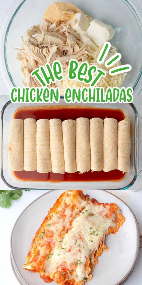 Indulge in our delicious Cheesy Baked Chicken Enchiladas, the perfect dinner option for any day of the week. This recipe features a delightful combination of juicy chicken, creamy cheese, and tangy red sauce, creating a satisfying and wholesome meal. Ideal for families with picky eaters, it's also a great way to use up any leftover rotisserie chicken. Keep up with us for more delightful dinner recipes! Chicken And Cheese Enchiladas Easy, Chicken Queso Enchiladas, Simple Chicken Enchilada Recipe, Chicken Thigh Enchiladas, Enchalidas Recipe Easy, Easy Enchiladas Chicken, Chicken Enchiladas Easy Red Sauce, Baked Chicken Enchiladas, Rotisserie Chicken Enchiladas