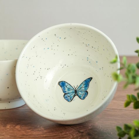 Beutiful handmade breakfast bowl. Hand-made ceramic. Blue butterfly Pottery Painting Elephant, Painting On Bowl, Butterfly Pottery Painting Ideas, Painting Pottery Ideas Bowls, Bowl Ideas Painting, Painting Ideas On Pottery, Color Me Mine Ideas Bowls, Painting Bowl Ideas, Hand Painted Bowl