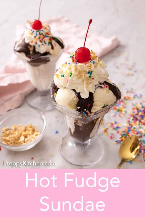 Hot Fudge Sundaes, Classic Ice Cream Sundae, Sundae Recipes Ice Cream, Ice Cream Sundae Ideas Recipes, Ice Cream Sundae Aesthetic, Ice Cream Sundae Recipe, Sundae Funday, Hot Fudge Sundae, Fair Festival