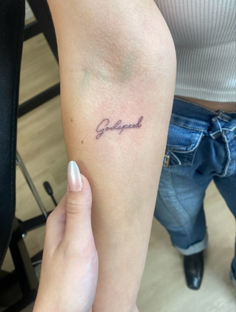 Tattoo | Godspeed tattoo | small tats | fine line tattoos #tattoo #tattooideas #tattooart #tattoosforwomen #tattoodesign #fineline Be Careful Tattoo, Godspeed Rib Tattoo, Dainty Saying Tattoos, Godspeed Tattoo Font Design, Godspeed Hand Tattoo, Godspeed Meaning, Godspeed Tattoo Meaning, Goodspeed Tattoo, Christian Fine Line Tattoo