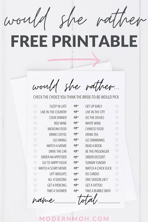 FREE Would She Rather bridal shower game printable including detailed instructions on how to play and extra tips for playing! #wouldsheratherbridalshowergame #freewouldsheratherprintable #ModernMaidofHonor ModernMOH Bridal Shower Games Free, Bridal Shower Games Free Printables, Free Bridal Shower Games, Clean Bachelorette Party, Bachelorette Party Games Funny, Bachelorette Party Games Drinking, Would She Rather, Fun Bridal Shower Games, Bridal Shower Printables