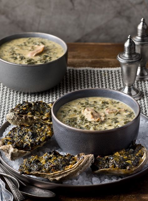 Oyster Artichoke Soup, Oyster Rockefeller Soup, Oyster Soup Recipe, How To Make Artichokes, Oysters Rockefeller Recipe, Baked Oyster Recipes, Rockefeller Recipe, Baked Oysters, Oyster Soup