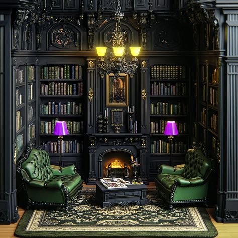 gothic black and green themed Victorian library, violet lamps and lights, high detail Black And Green Library, Gothic Reading Nook, Neo Gothic Interior Design, Victorian Sitting Room, Dark Library, Victorian Gothic House, Gothic Interior Design, Gothic Library, Victorian Library