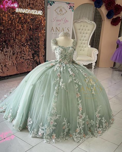 Quince Fairy Dress, Pastel Green Sweet 16 Dresses, Dress Quinceanera Green, Soft Green Quinceanera Dresses, Sage Dress Quinceanera, Green Dresses For Quinceanera, 15 Dresses Quinceanera Sage Green, Sage Green Ball Gown Dresses, Sage And Pink Quince Dress