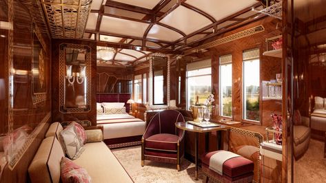 An epic train trip in a restored carriage from the 1920s? Sign us up. Sofa Kulit, Simplon Orient Express, Luxury Train, Orient Express, Tromso, Stavanger, Vintage Train, Train Car, Embroidered Cushions