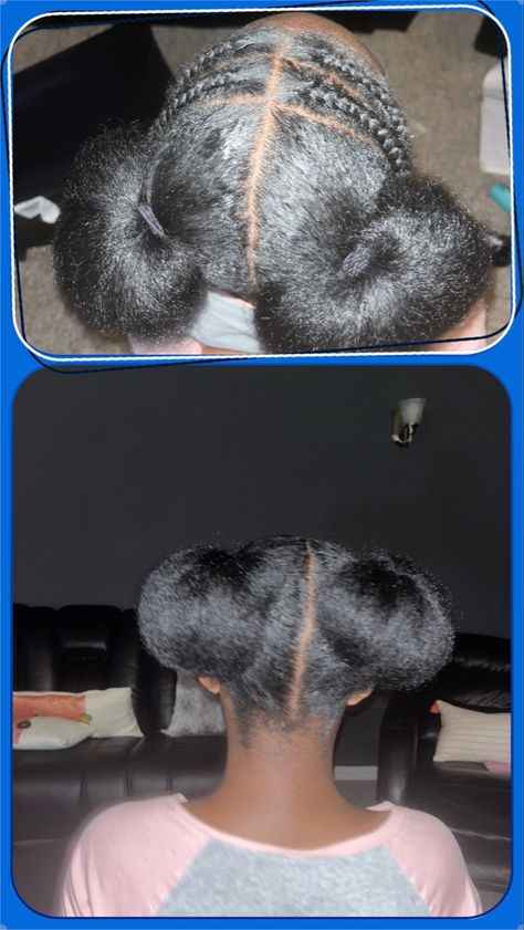 2 Buns Hairstyle Black Natural Hair 4c, 2puffs Natural Hair, Hair Styles Ideas For Medium Hair, Two Braids In The Front Natural Hair, Cornrow Puff Hairstyle, Front Cornrows Hairstyles Natural Hair, 2 Puff Hairstyles, Puff With Braids, Cornrow Puff