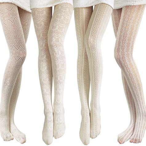 PRICES MAY VARY. Soft and Cozy Material: our textured knit tights are mainly made of nylon and velvet material, which are friendly to skin and comfortable, not easy to fade or break, also are lightweight and reusable, reliable material can be applied for a long time How to Care: our lace tights for women are not machine washable or bleachable, you can hand wash them gently with mild detergent and cold water so that your socks will not be easily scratched Highlight Your Beauty: the lace tights ha White Patterned Tights, White Lace Tights, White Tights Outfit, Stockings Aesthetic, Knitted Tights, Minimal Clothing, Heart Tights, Cute Tights, Thick Tights