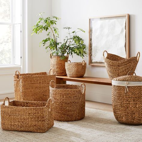 Curved Basket Collection - Natural | West Elm Basket Collection, Lidded Baskets, Wood Basket, Small Space Organization, Seagrass Basket, Water Hyacinth, Large Baskets, Stained Wood, Wood Trim