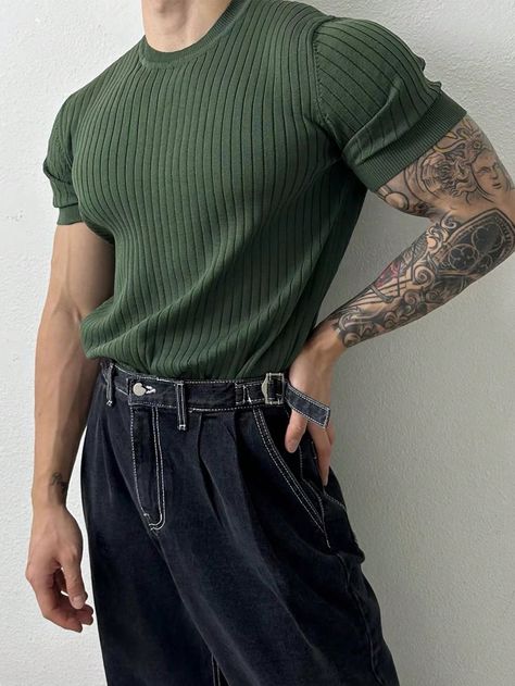 Multicolor Casual Collar Short Sleeve Fabric Plain  Embellished High Stretch  Men Clothing Streetwear Fashion Shorts, Clothing Oversized, Moda Streetwear, Streetwear Mode, Outfits Streetwear, Elastic Shorts, Muscle T Shirts, Y2k Clothes, Mens Fashion Casual Outfits