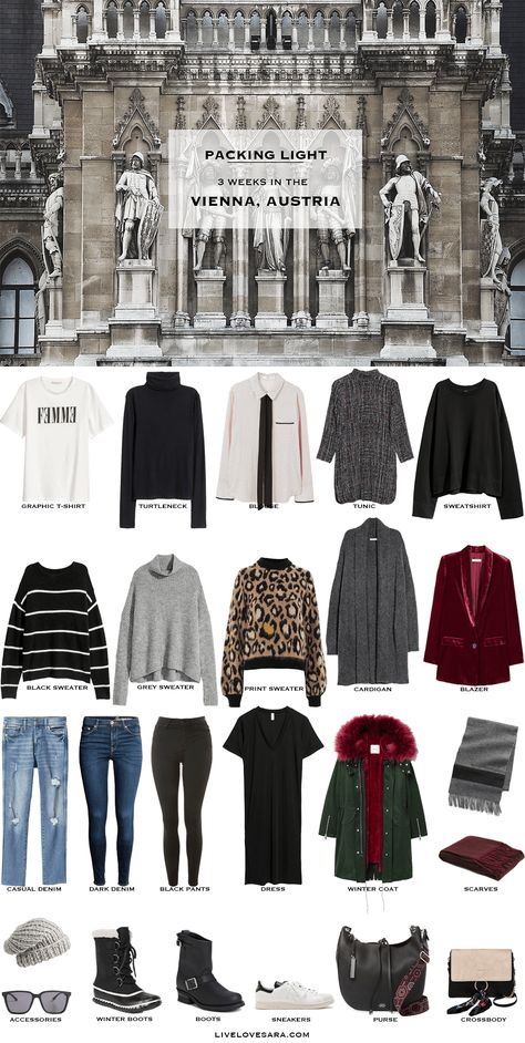 What to Pack for the Vienna, Austria Packing Light List #packinglist #packinglight #travellight #travel #capsule #capsulewardrobe #livelovesara Winter Travel Packing, Winter Packing List, Travel Packing List, Packing For Europe, Winter Travel Outfit, Travel Capsule Wardrobe, Red Fur, Travel Capsule, Winter Packing