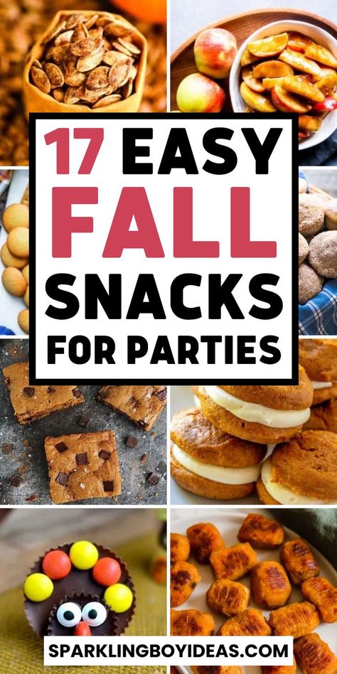 Sides For Fall Party, Easy Bonfire Snacks, Easy Snacks For Christmas Party, Pumpkin Snacks For Party, Fall Refreshment Ideas, Fall Themed Party Food Ideas, Quick And Easy Fall Snacks, Fall Festival Snack Ideas, Fall Snacks For A Crowd