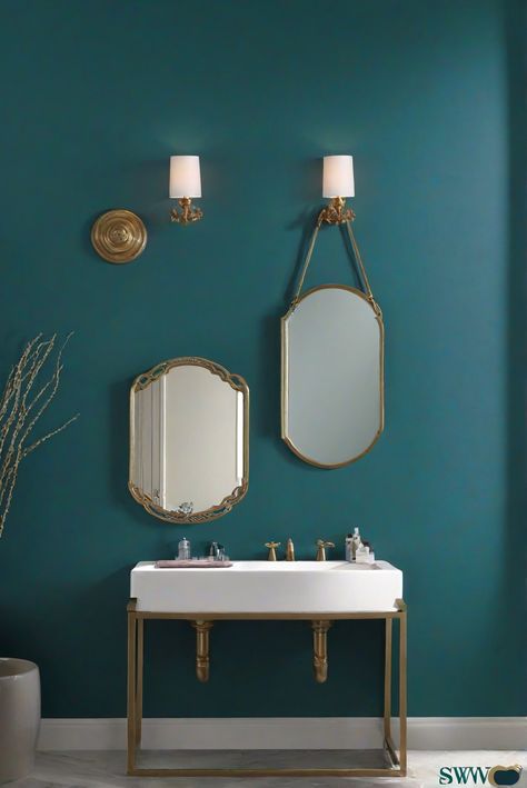 bathroom decor,interior paint colors,room decor,home renovation Bathroom Wall Painting Ideas, Wall Paint Bathroom, Peacock Paint Colors, Peacock Blue Paint, Peacock Plume, Bathroom Wall Colors, Color Bathroom, Sherwin Williams Color Palette, Paint Guide