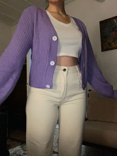 Purple With Beige Outfit, Beige Purple Outfit, How To Style Purple Cardigan, Purple And White Outfit Aesthetic, Cardigan Outfit Purple, Pastel Purple Aesthetic Outfit, Muted Purple Outfit, Purple Sweater Outfit Aesthetic, Beige Purple Aesthetic