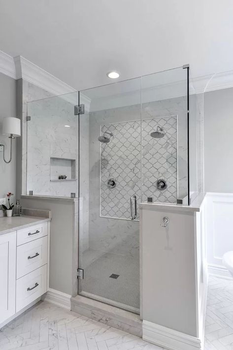 Glass Shower Doors With Half Wall, Bathroom With Corner Shower Layout, Half Glass Shower Wall, Glass Shower Door Ideas, Frosted Shower Door, Shower Door Ideas, Frosted Shower Doors, Half Wall Shower, Shower Design Ideas