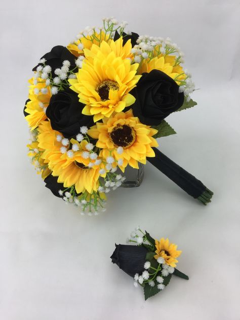 Sunflower And Black Roses Wedding, Yellow And Black Flower Arrangements, Sunflower Vow Renewal, Black Rose And Sunflower Bouquet, Black And Yellow Sunflower Wedding, Black Sunflower Quinceanera Dress, Sunflowers And Black Roses, Sunflower Quinceanera Theme Dress, Black And Yellow Bouquet