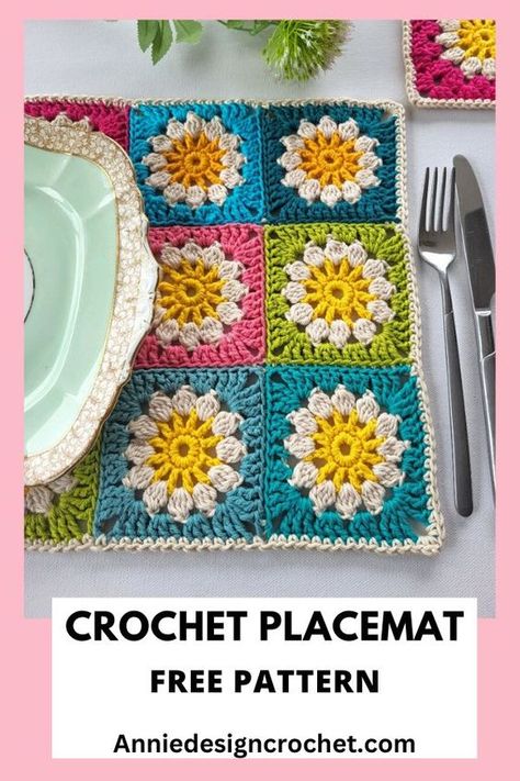 Bring sunshine to your table with this free pattern for daisy crochet placemats and coasters! The charming daisy granny squares add a touch of whimsy to your dining table, making them a delight to use and display. This crochet rectangle placemat is very functional.  Made with durable cotton yarn, they protect your table surface from spills and scratches.  Plus, they’re easy to care for – simply toss them in the washing machine for a quick refresh! SAVE pin for later! Crochet Flower Bunting, Crochet Placemat Pattern, Crochet Rectangle, Crochet Cup Coaster, Crochet Towel Topper, Crochet Placemat, Crochet Placemat Patterns, Daisy Crochet, Crochet Table Mat