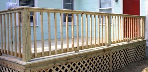 Watch this video to learn how to build deck handrails for a wooden deck the easy way, along with the proper rail height, baluster spacing, and post placement. How To Build Deck, Wooden Deck Designs, Deck Handrail, Wood Deck Railing, Build Deck, Deck Railing Design, Laying Decking, Diy Balcony, Wooden Deck