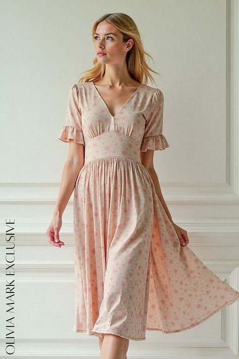 A symphony of soft peach and delicate pink florals dance across a fabric that whispers of summer breezes. The V-neckline, a tender invitation, leads the eye upward to fluttering cap sleeves that whisper secrets of a bygone era. cinched at the waist, the dress becomes a portrait of grace, before unfurling into a skirt that cascades like a waterfall of dreams. Olivia Mark, where fashion meets fairytale. Bygone Era, Ruffled Sleeves, Summer Breeze, Floral Midi Dress, Olivia Mark, Blush Pink, Cap Sleeves, The Dress, Blush