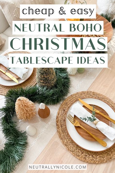 Set the perfect holiday mood with our Neutral Boho Christmas Table Settings. Explore the charm of Scandinavian Christmas decorations and create a cozy Christmas tablescape that will leave your guests in awe. Boho Christmas Table, Neutral Boho Christmas, Boho Tablescape, Boho Christmas Decor, Festive Tablescape, Festive Table Setting, Boho Texture, Scandinavian Christmas Decorations, Neutral Christmas Decor