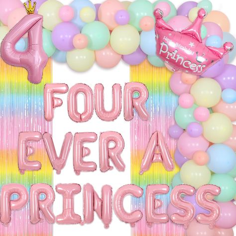 PRICES MAY VARY. Package Includes: Princess 4th birthday party decorations include 50 x latex balloons 12 inches, 15 x latex balloons 5 inches, 1 x rainbow fringe curtain 3 x 6 ft, 1 x four ever a princess foil balloons 16 inches(No Helium Supported), 1 x number 4 foil balloon 40 inches(Helium Supported), 1 x crown foil balloon 29.52 x 32.28 inches(Helium Supported), 1 x balloon garland strip, 1 roll of 100pcs adhesive dots, one pack can meet your various needs for four ever a princess birthday 4th Princess Birthday Party Theme, 4 Year Princess Birthday Party, Princess Rainbow Birthday Party, 4 Girl Birthday Party Ideas, 4 Year Birthday Party Unicorn, Birthday Ideas For 4 Year Girl, Princess Party 4th Birthday, Themes For 3rd Birthday Party Girl, 4th Birthday Princess Theme