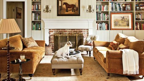 Living Room Two Couches Facing Each Other, Couches Facing Each Other, Salons Cottage, Brown And Blue Living Room, Two Couches, Brown Living Room Decor, Warm Color Schemes, Cottage Living Rooms, Brown Furniture