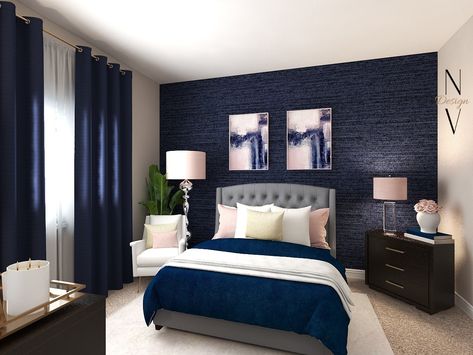 Small Blue Bedroom, Jewel Tone Paint, Jewel Tone Paint Colors, Navy Gold Bedroom, Pink Gold Bedroom, Blue And Pink Bedroom, Blue And Gold Bedroom, Navy Bedrooms, Navy Blue Bedrooms