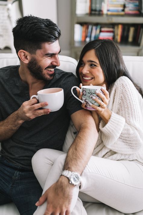 Couples Sitting Together Couch, Couple On Sofa, Couple Sofa, R6 Black, Sit Pose, Prewedding Studio, Holding Coffee, Black Monster, Couple Coffee