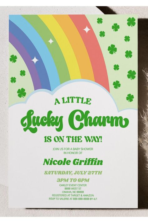 A Lucky Charm St. Patrick's Day Baby Shower Invitation Lucky Baby Shower Theme, Lucky Charm Baby Shower Ideas, Lucky Charm Party, Rainbow Baby Shower Theme, St Patrick's Day Cards, March Baby, Sprinkle Shower, Rainbow Baby Shower