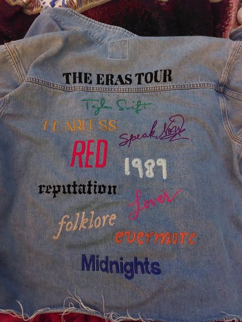 Taylor Swift Eras Denim Jacket, The Eras Tour Jean Jacket, Taylor Swift Eras Tour Jacket, Taylor Swift Embroidery Jeans, Eras Your Denim Jacket, Eras Tour Outfits Jacket, Taylor Swift Lyric Doodles, Taylor Swift Eras Jacket, Taylor Swift Eras Jean Jacket