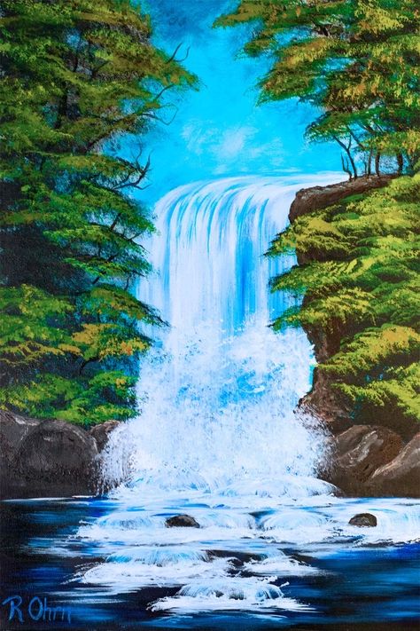 Waterfall Murals Wall Art, Digital Nature Art, Beautiful Scenery Drawing, Digital Art Software, Bed Art, Waterfall Paintings, Landscape Painting Tutorial, Waterfall Art, Canvas Painting Tutorials