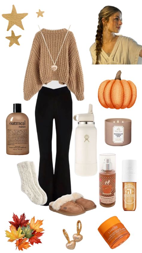 Autumn themed outfit including black leggings brown knit jumper and uggs. With sol de Janeiro 71 and a autumn candle School Outfits For Fall, Cute Easy Outfits For School, Aesthetic Autumn Outfits, Everyday Outfits Fall, Aesthetic Fall Outfits, Women Fall Outfits, Fits Fall, Fashion Trends Fall, Fall Outfits Aesthetic