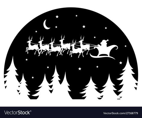 Santa And Sleigh Silhouette, Santa And Reindeer Flying Silhouette, Forest Black And White, Christmas Silhouettes, Reindeer Drawing, Landscape Silhouette, Frida Art, Creative Kids Crafts, Christmas Download