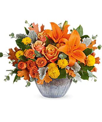 Autumn Floral Arrangements | Cincinnati (OH) Flower Delivery | Adrian Durban Florists Wedding Flower Arrangements Fall, Roses Orange, Lemon Leaf, Thanksgiving Flowers, Yellow Cushion, Lemon Leaves, Asiatic Lilies, Willow Branches, Fall Arrangements