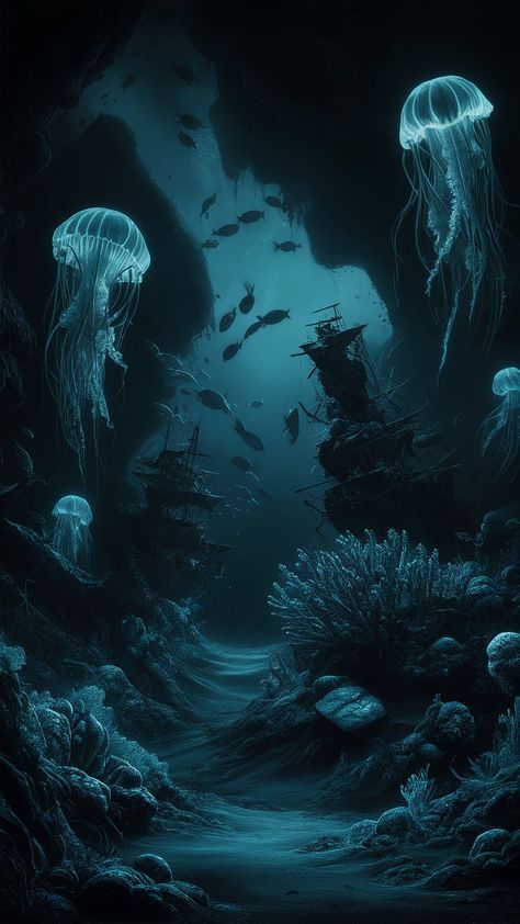 Immerse yourself in the haunting beauty of the deep sea with this dark-themed ocean wallpaper. Bathed in moody, deep blue hues that merge into an almost-black abyss, the scene features illuminated jellyfish with trailing luminescent tentacles, ghostly shipwrecks encrusted with barnacles, and shadowy schools of fish. The textured ocean floor is adorned with scattered corals, seaweed, and hints of lost treasures. Soft, bioluminescent glows from various sea creatures and plants cast an eerie, magical light, evoking a sense of mystery and wonder. Cool Jellyfish Wallpaper, Bioluminescence Aesthetic Wallpaper, Deep Underwater Aesthetic, Ghost Blue Aesthetic, Ocean Creatures Aesthetic, Dark Underwater Aesthetic, Dark Sea Aesthetic Wallpaper, Underwater Ocean Aesthetic, Dark Ocean Aesthetic Wallpaper