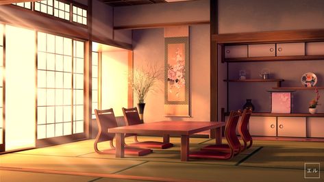 ArtStation - Japanese Room 和室 ( Evening ), Elson Tan Anime Backgrounds House Inside, Japanese House Aesthetic Anime, Anime Backgrounds House, Anime House Aesthetic, Anime House Interior, Anime Japanese House, Traditional Japanese House Anime, Japanese House Aesthetic, Traditional Japanese Living Room