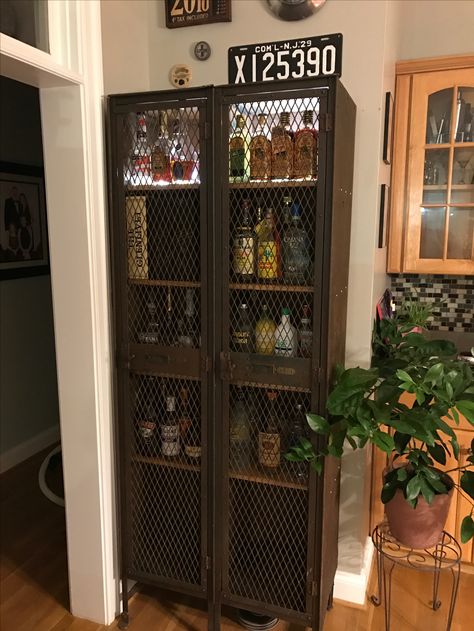 Locking Bar Cabinet, Locked Alcohol Cabinet, Lockable Liquor Cabinet, Vintage Lockers Repurposed, Locked Liquor Cabinet Ideas, Vintage Liquor Cabinet, Little Bar Ideas Small Spaces, Lockers Repurposed, Locking Liquor Cabinet