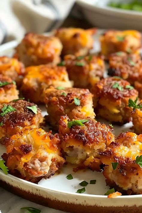 Freshly baked sausage hashbrown bites in a muffin tin Tiny Brunch Food, Best Brunch Appetizers, Muffin Tin Hashbrown Recipes, Breakfast Bites With Hashbrowns, Hash Brown And Sausage Bites, Easy Savory Brunch Ideas, Brunch Lunch Ideas For A Crowd, Handheld Brunch Food, Hashbrown And Sausage Bites