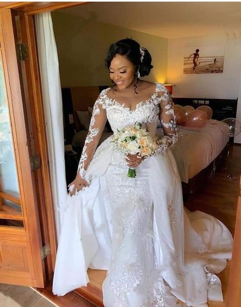 Customized African Wedding Dresses Lace Long Sleeve Round Mermaid Bridal Detachable Overskirt Neck Wedding Dresses Lace Long Sleeve, Detachable Train Wedding Dress, Strapless Wedding Dress Mermaid, Wedding Dresses Boho, Long Sleeve Bridal Gown, Bunny Girls, Plus Size Wedding Gowns, Most Beautiful Wedding Dresses, Most Beautiful Wedding