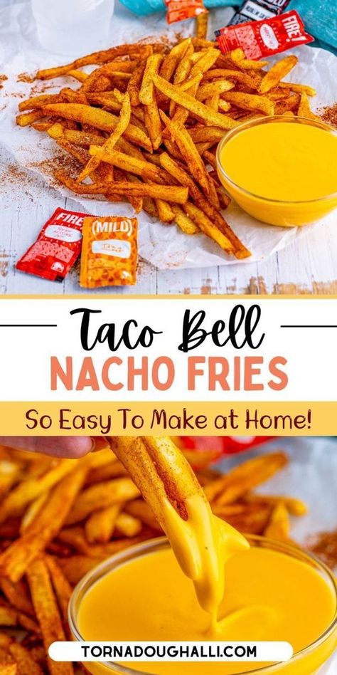 taco bell nacho fries Taco Bell Nacho Fries, Homemade Nacho Cheese, Homemade Nacho Cheese Sauce, Taco Bell Copycat, Fries At Home, Nacho Fries, Taco Bell Recipes, Homemade Nachos, Seasoned Fries