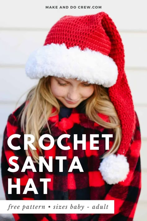 Crochet Long Santa Hat Free Pattern, Long Santa Hat Crochet Pattern, Crochet Santa Hat Tree Topper, Long Stocking Cap Crochet Pattern, Crochet Santa Hat Baby, Crochet Toddler Santa Hat, Crochet Toddler Santa Hat Free Pattern, Free Crochet Santa Hat Pattern, Crochet Long Stocking Cap Free Pattern