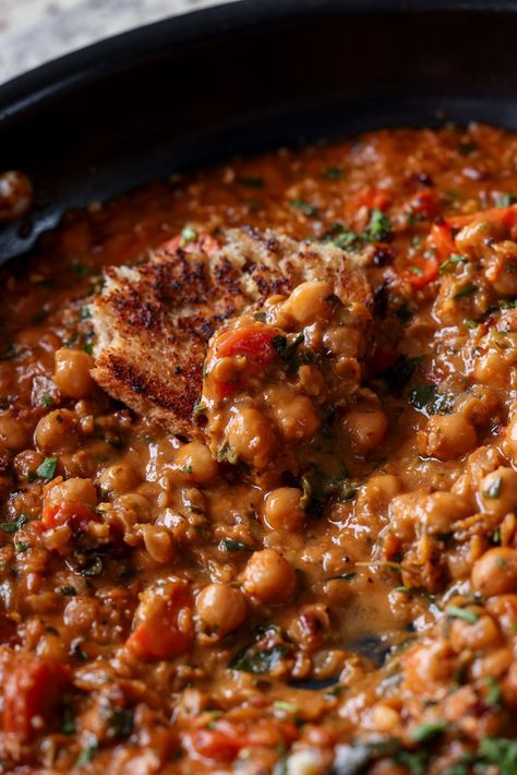 This protein packed Red Lentil chickpea stew with Italian herbs and sun-dried tomato is a super easy, one-pan, meal that is so satisfying and flavorful! A great weeknight meal with garlic bread or sourdough to dip, or serve it over pasta, baked potato, or roasted vegetables. Lentil Chickpea Stew, Lentils And Potato Recipe, Tomato Lentil Soup, Quick Soup, Lentil Dishes, Instant Pot Cookbook, Vegan Stew, Italian Herbs, Fall Soup