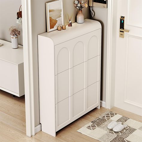 PRICES MAY VARY. ✔Hidden Shoe Cabinet Space-Saving Design: Our freestanding tipping shoe cabinet is the perfect solution for entryways, hallways, and closets with limited space. Its narrow design allows it to fit seamlessly into tight areas, making it an excellent addition to small apartments or homes. ✔Organized Shoe Storage: With its 3-tier tipping bucket design, this shoe cabinet offers ample storage for all your footwear needs. The tilted shelves not only provide easy access to your shoes bu Shoe Storage Furniture Ideas, Bucket Shoes, Closet Shoe Organization, Tall Shoe Cabinet, Hidden Shoe Cabinet, Hidden Shoe Storage, Vintage Entryway, Shoe Rack Bedroom, Shoe Cabinet Entryway