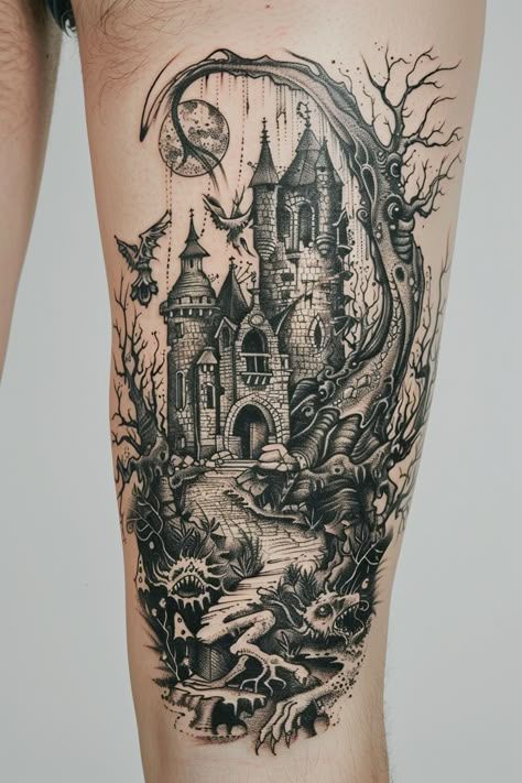 Mythical Sleeve Tattoo, Dark Princess Tattoo, Dark Beauty And The Beast Tattoo, Warrior Fairy Tattoo, Dark Ethereal Tattoo, Fantasy World Tattoo, Gothic Fantasy Tattoo, Fantasy Magic Tattoo, Castle Chest Tattoo