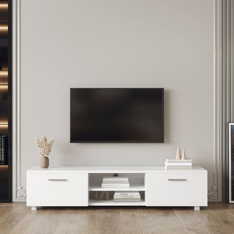 White Tv Console Living Room Minimalist, Tv Stand Cabinet Modern, White Tv Stand Console, Tv Stand Decoe, Television Stands Ideas Living Rooms, Tv Console Modern Minimalist White, White Open Shelf Tv Stand, Tv Stands Ideas For Living Room Modern, Fllating Shelves On Top Pf Tv